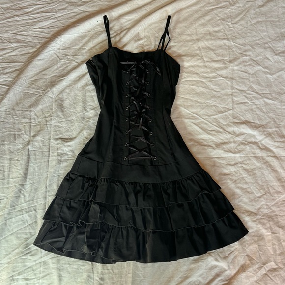 SOLD! Black lace-up tiered ruffle dress - Picture 1 of 3